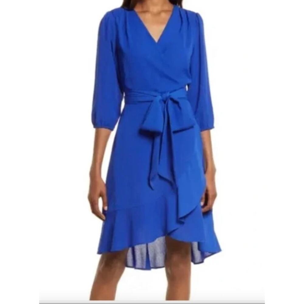 Chelsea28‎ Faux Wrap Dress Womens XL Blue Surf Ruffle Hem V-Neck 3/4 Sleeve
